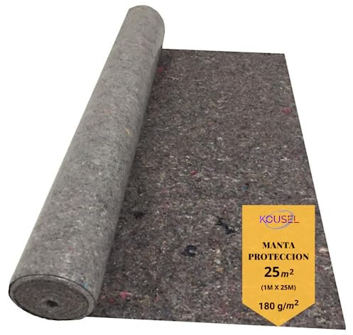 KOUSEL Manta Fieltro Pintor Suelo 1mx 25m(25M)(180gr/m)-Pintor, Reformas, Mudanzas, Bricolage-Antideslizante y Resistente a derrames, Reutilizable.Fabricado con Telas recicladas.