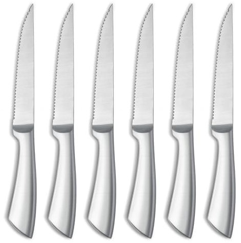 Pleafind Steakmesser Set, 6 Teiliges Steakmesser, Einteiliges Steakmesser, 3cr13 Edelstahl Steakmesser Set, Scharfe Messer Wellenschliff, Tafelmesser, Ergonomischer Griff, Spülmaschinenfest
