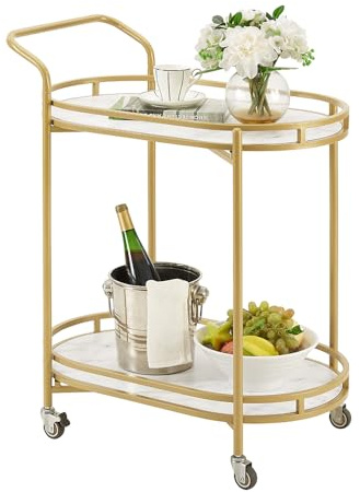 unipaws Bar Cart with Wheels, Easy Assembly Rolling Serving Bar Trolley with 2-Tier Shelves and Rotating Wheels for Home Kitchen Dining and Living Room (Gold & White)