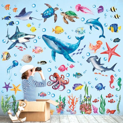 DECOWALL DS12-8078 under havet väggklistermärke väggtatuering fisk ocean fisk tång väggklistermärke avtagbar för barn barnrum babyrum sovrum vardagsrum badrum väggdekoration