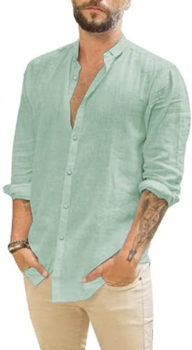 Friptspyg Hommes Chemise Lin Coton Manches Longues Coupe Regular Casual Chemise de Plage Regular Fit Chemises L'été, Vert Menthe M