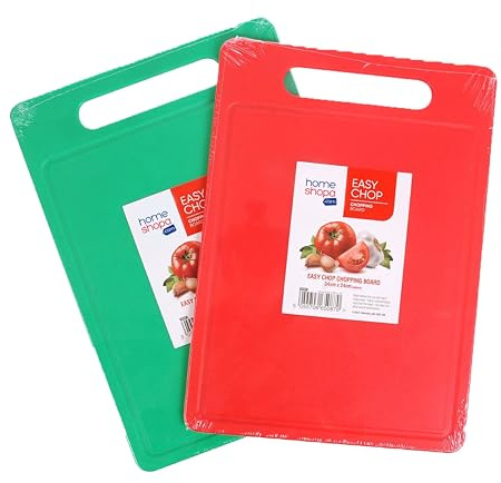 HOMESHOPA Plastic Chopping Board, 2 Pack BPA Free Kitchen Cutting Board, Non Slip Surface, Easy-Grip Handles, Dishwasher Safety, Large Board for Fruits/Vegetables/Meats, 34 x 24cm, Red & Green