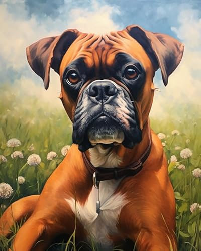 ZMHZMY Malen nach Zahlen Boxerhund,der im Gras liegt Painting by Numbers Kit DIY ölgemälde Kit für Erwachsene,Anfänger Painting Set 16x20 Zoll Leinwanddruck Wandkunst Dekoration