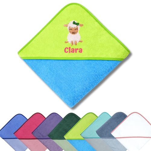 Generisch Kapuzenhandtuch Baby Bestickt – Motiv Schaf – personalisiert mit Name – 100x100 cm – Geschenk zur Geburt – Taufgeschenk – Handtuch Baumwolle – WÖRNER