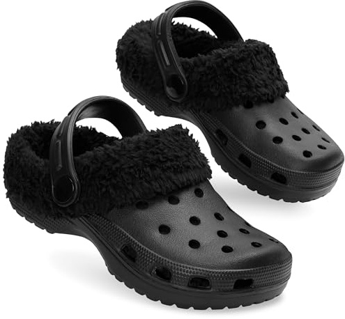 CityComfort Clogs for Girls, Winter Slippers with Soft Sherpa Fleece Lining & Adjustable Strap, Slip-on Indoor House Mules (11 UK, Black)