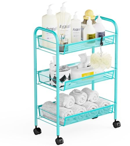 WELDUN Rollwagen Küchewagen mit 3 Ebenen, Metall Regal auf Rollen mit Griff für Küche, Badezimmer, Schlafzimmer, Büro, Blau