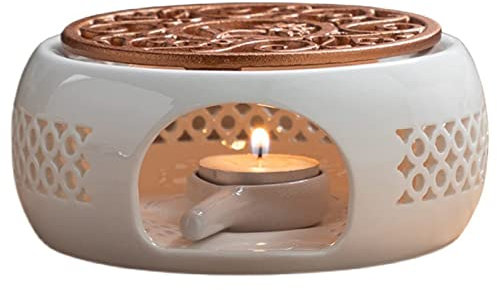 Teapot Warmer with Candle Holder, Porcelain Heater Teapot Tea Light Tea Warmer Coffee Warmer, Ceramic White Tea Cozy with Spoon and Lid, Retro Tealight Holder for Insulation Heating(Brown)