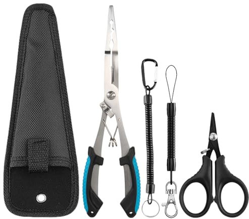 Fyfjur Alicates Pesca, Multifuncional Acero Inoxidable Alicates De Pesca Y Tijeras Pesca, Juego De Alicates De Pesca con 2 Cuerdas De Seguridad Y 1 Bolsa De Almacenamiento, Pesca Accesorios