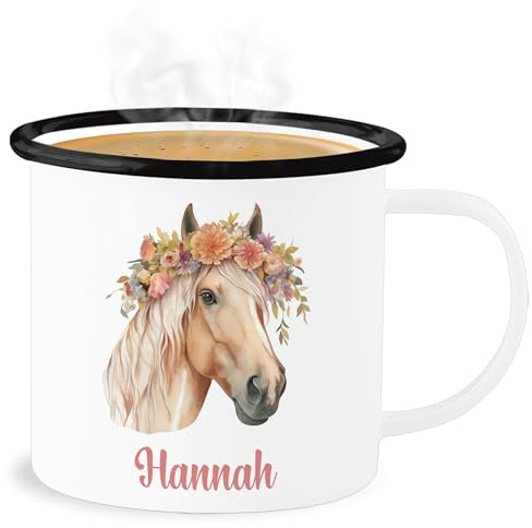 Emaille Becher Blechbecher - Pferdemädchen Geschenk Pferde Motiv Geschenkidee Pferd I Haflinger Pferd Geschenk Pferdeliebhaber - 300 ml - Weiß Schwarz - tasse emaille+tasse+kinder+personalisiert