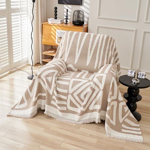 VClife Couch Chair Cover Non Slip Armchair Cover for Dog Bohemian Beige White Geometric Pattern Chair Covers for Living Room Bedroom 1 Piece Chenille Recliner Chair Covers 71x71