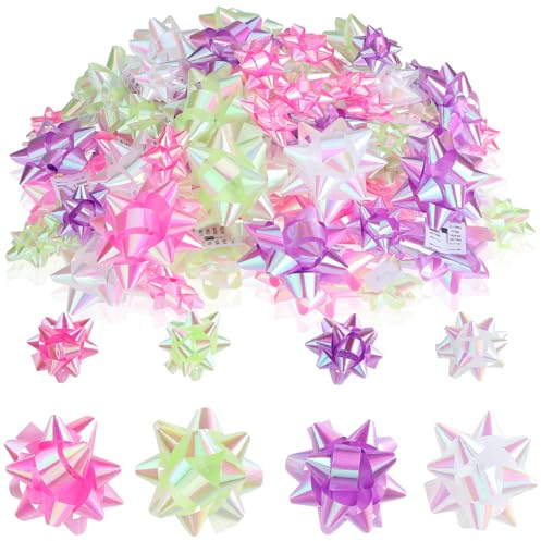 com-four® Fiocchi Regalo 120x - Fiocchi da 3 cm e 5 cm - Fiocchi autoadesivi già Pronti per Decorare Regali per Natale, Compleanni e Matrimoni (120 Pezzi - Bianco/Viola/Rosa/Verde)