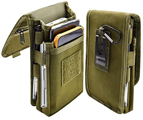 Prebene Dual Phone Holster, Belt Phone Pouch, Large Smartphone Holder, Multi-Purpose Tactical Phone Pouch, Cell Phone Holder for Work, Hiking, Camping, Barbecue (Army Green, L)