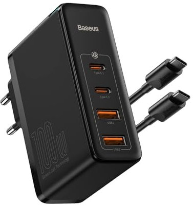 Baseus Caricatore USB C 100 W 4 porte, GaN PD alimentatore 100 W Charger, compatibile con MacBook Pro Air iPhone 16 Pro 15 14 13 Laptop iPad Samsung S25 Ultra