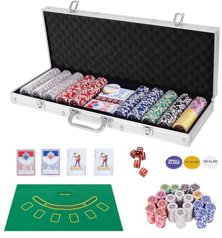 HOMASIS Set da Poker con 500 Fiches, Valigetta da Poker con 2 Mazzi di Carte, 5 Dadi, 3 Bottone del Mazziere e Tappetino da Poker, Fiches da Gioco per Feste, Texas (Argento)