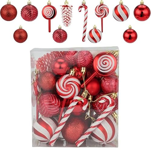 CGVG Rote Weihnachtskugeln Kunststoff 40er Weihnachtsbaumkugeln Set Christbaumkugeln Tannenbaum Kugeln Christmas Decorations Weihnachtsdeko Set Außen Innen (Rot-3)