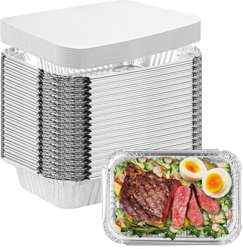 SENENQU Set med 75 grillar, aluminiumskålar med lock, 850 ml – engångsskålar av aluminiumfolie med lock för bakning, stekning, matlagning, liten behållare – 21 x 14 cm
