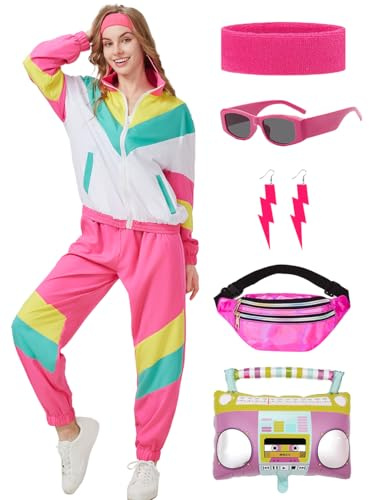 Coseaon 80s Tracksuit for Women Retro Windbreaker Outfit 90s Color Block Sportswear Set with Jacket Sweatpants (US, Alpha, Medium, Regular, Regular, Pinkwhite)