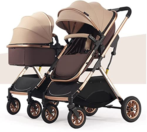 Cochecito para bebés gemelos, cochecito doble para bebés, cochecito para niños gemelos lado a lado, cochecito doble plegable tándem de asiento doble con paisaje alto plegable (Oro)