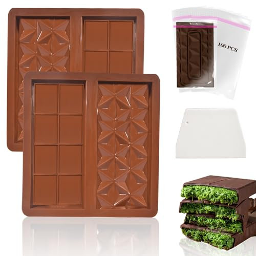 XIKAYA Moule Tablette Chocolat, Moule chocolat profond, Moule silicone Tablette de Chocolat, Avec grattoir et sac, Pour 6 chocolat, praline, bonbons (carré, sans BPA,2 pièces)