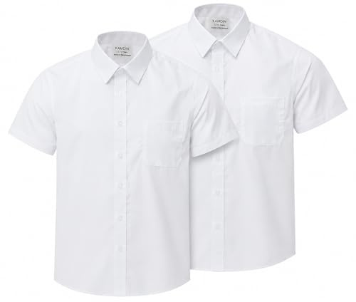 KAMDIN 2 Pack Boys Short Sleeve School Shirt School Uniform Front Pocket Size 2-18 Years (UK, Age, 13 Years, 14 Years, Regular, White)