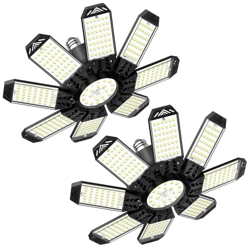 Garagenlampe LED 210W - 2 Stück 21000LM 6500K Sehr Helle LED Werkstatt Deckenleuchte mit 8+1 verstellbarem Panel, Einschraubbare E26/E27 Fassungen Garagenbeleuchtung für Garage, Lager, Keller