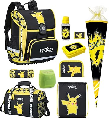 Familando - Schulranzen Set 10-teilig mit Schultüte - Pokémon mit Pikachu Motiv - Ergonomisch, stabil & mit gepolstertem Rücken - 990g leicht, 16L Volumen - Mit Reflektoren - ab 1. Klasse