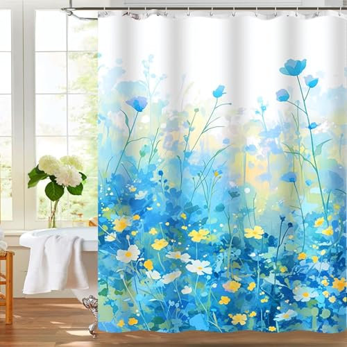 Duschvorhang 180x200 cm, Verdickter Ölgemälde Blumendesign Shower Curtain Waschbar Polyester-Textilien Stoff Badvorhang mit 12 Duschvorhangringen Anti-Schimmel Wasserdicht, beschwertem Saum