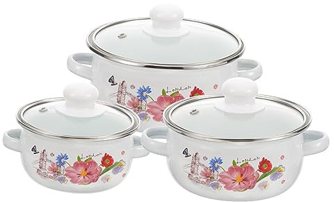 Gatuida Juego de 3 Cacerolas Esmaltadas Vintage Asas y Tapa, Diseño Retro Estampado Floral, Superficie Lisa para Cocción Rápida y Limpieza Fácil, Aptas para Cocina Doméstica y Camping