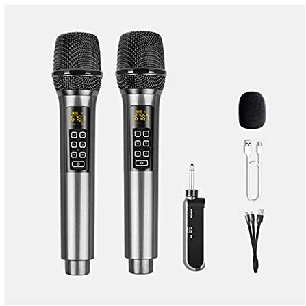 RUHEN Microfono Professionale FM dinamico UHF in Metallo, Microfono Karaoke Portatile con Ricevitore Ricaricabile per Canto, Feste, Matrimoni, DJ, Microfono Portatile per discorsi