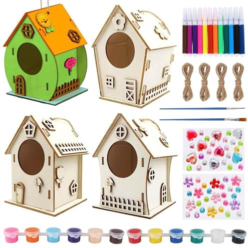 Vogelhaus Bausatz Kinder - 4 Stück DIY Bastelset Sets mit 4 Hanfseile, 12 Farben Pigment 2 Pinsel 2 Kristallaufkleber, 12 Aquarellstift, Basteln zu Bauen und Malen Vogelhaus Bausatz für Mädchen Jungen