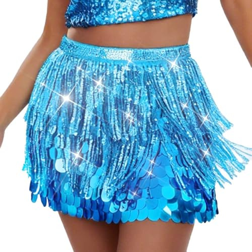 Atigy Pink Sequin Skirt Sparkly Belly Dance Skirt Fringle Mermaid Costume Skirts for Women (UK, Alpha, One Size, Regular, Regular, Light Blue)
