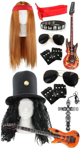 80s Rockstar Duo Costume Set – Wig, Hat with Hair, Red Bandana, Aviator Sunglasses, Cross Necklace, Inflatable Guitar, Biker Gloves & Bracelet – Guitar Legend Fancy Dress