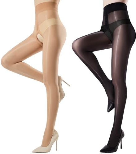 Yilanmy 2 Pairs Shiny Sheer Tights for Women Oil Shimmer Pantyhose Control Top Glossy Stockings