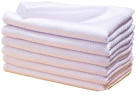 LRFNKCT microfiber cleaning cloth, Cleaning Cloth 6-Pack of White Cleaning Cloths, Super Absorbent and Traceless Microfiber Fish Scale Cloth, Special for Cleaning Glass(30x30cm)