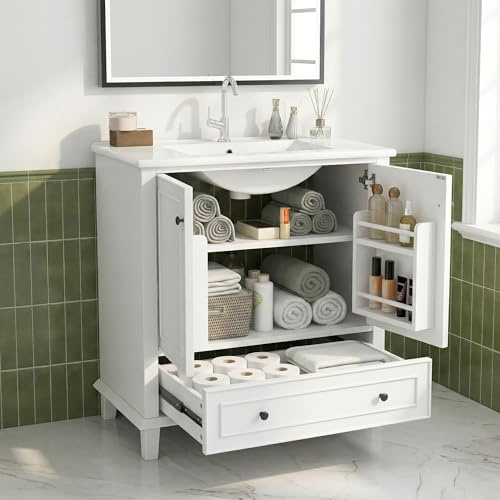 LANTRO JS Badezimmer Unterschrank, Waschtisch mit Beine Aus Massivholz, Volllackierung, Feuchtigkeits- und Wasserdicht, Großer Stauraum, Integriertes Keramikwaschbecken, Weiß