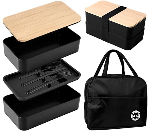 Cupimatch Boîte Bento Lunch Box Noir 2 Étages à Compartiments Avec Couverts et Petit Sac Isotherme Lunch Box Isotherme Pratique Pour Repas au Travail/Pique-nique