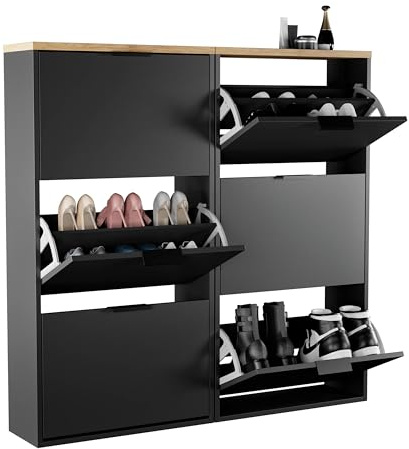 Planetmöbel 2 x Schuhschrank schmal mit 3 Klappen | platzsparender Schuhregal, mit 6 Ablagen, Schuhkommode für Diele, Flur, Garderobe 60 x 23 x 118 cm, schwarz