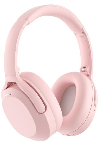 Rebocico Wireless Noise Cancelling Over Ear Headphones with Microphone | 120H Playtime, Fast Charging, Foldable Deep Bass, Built in Microphone, Comfortable Ear Cushions for Home Office (Pink)