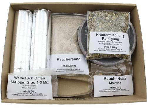 Räucherset „Hausreinigung“ – 9 TLG. – Kräuter-Mischung Reinigung m. Weihrauch Oman Al-Hojari & Myrrhe – Räucherschale u. Zubehör – im Geschenkkarton mit Kartondeckel (Natur Speckstein-Schale)