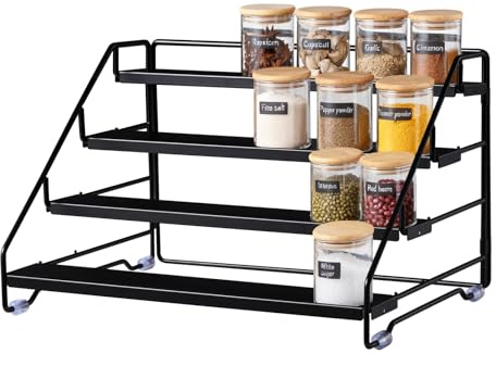 LXAIZHM Gewürzregal, 4 Etagen Gewürzständer Ohne Bohren Metall Einstellbar, Spice Rack Stehend für Küchenschrank und Arbeitsplatte Organizer, Schwarz