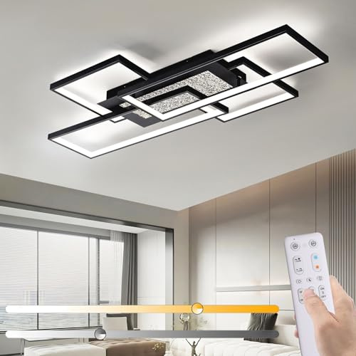 LED Deckenleuchte Wohnzimmer 100CM, 72W Deckenlampe Dimmbar 3000K-6000K Rechteckige Wohnzimmerlampe Mit Fernbedienung, Memory- & Nachtlichtfunktion, Geometrisches Schwarz für Schlafzimmer, Küche, Büro