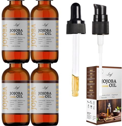 Leyf 4 stycken organisk jojobaolja 100 ml, 100 % ren, vegan, kropp, hår, ansikte, naglar, glasflaska glaspipett pump, fuktkräm, foderdispenser, kroppsolja uppstramande