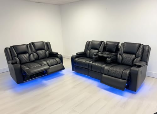 Orlando Leather Electric Recliners Sofa With Cupholders - 3+2 Seater Sofa/LED Lights/Wireless Charging/USB Charging Ports/Storage (Black, 3+2 Seater)