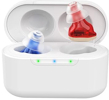 Clarity CIC Rechargeable Personal Sound Amplifier for Adults & Seniors | Discreet In-Ear Sound Amplifier with Noise Reduction & Charging Case, Red & Blue, 120h Battery | Digital CIC