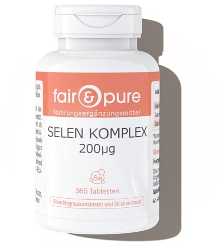 Fair & Pure Complejo de selenio en comprimidos 200 μg, 365 unidades, complemento alimenticio vegano sin aditivos, fabricado en Alemania