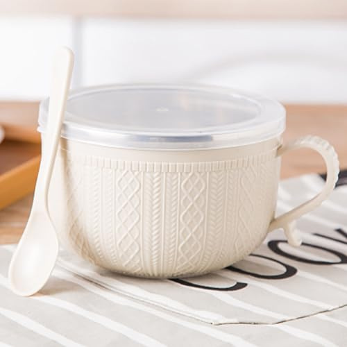 Set mit 4 großen Suppentassen mit Griffen und Deckeln, mikrowellengeeignete Mahlzeitenbecher für Suppen, Eintöpfe, Nudeln, Kaffee, Urlaub & Set (Beige, 1 Stück)