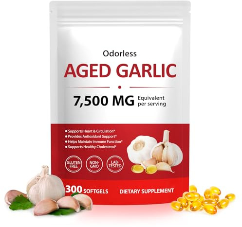 Aged Garlic Extract Capsules 7,500mg Equivalent 300 Softgels, Odourless Aged Garlic 15:1 Concentrate, Garlic Capsules for Daily Support, Non-GMO