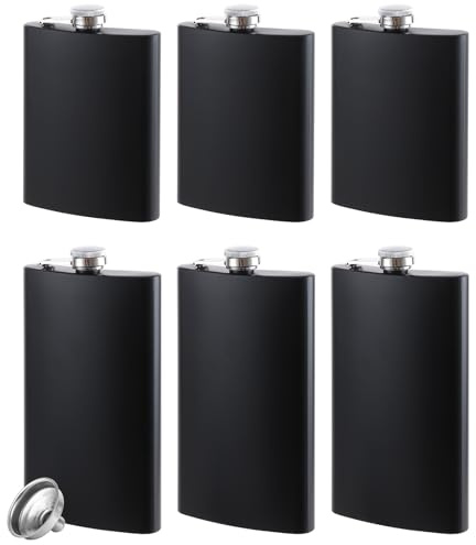 LDXDRU 6 Pack Hip Flasks for Men and Women, 8oz and 12oz Matte Black Stainless Steel Flask for Alcohol with Funnel, Leakproof Whiskey Flask Set for Fishing, Hiking and Groomsmen Gifts