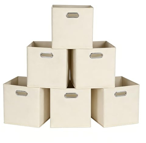 Kongming Kallax Einsatz 6er Set Aufbewahrungsbox Stoff mit Griff Faltbar Aufbewahrungsbox 28x28x28 cm Kisten für Kallax Regal, WüRfelregal, Stufenregal (Beige)