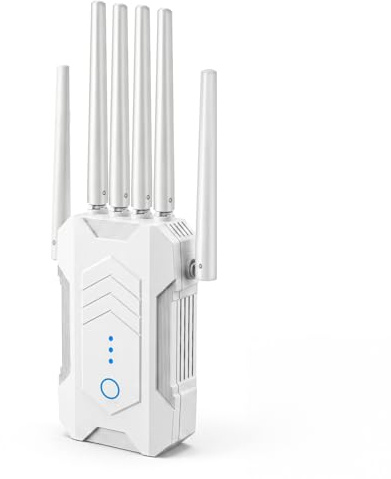 WLAN Repeater mit 6 Antennen, 1200 Mbit/s WLAN Verstärker Dual-Band 5GHz/2.4GHz mit Ethernet-Port, WLAN-Extender unterstützt 64 Geräte, Modi (Repeater, AP), Abdeckung bis zu 300 m², für Zuhause und Bü